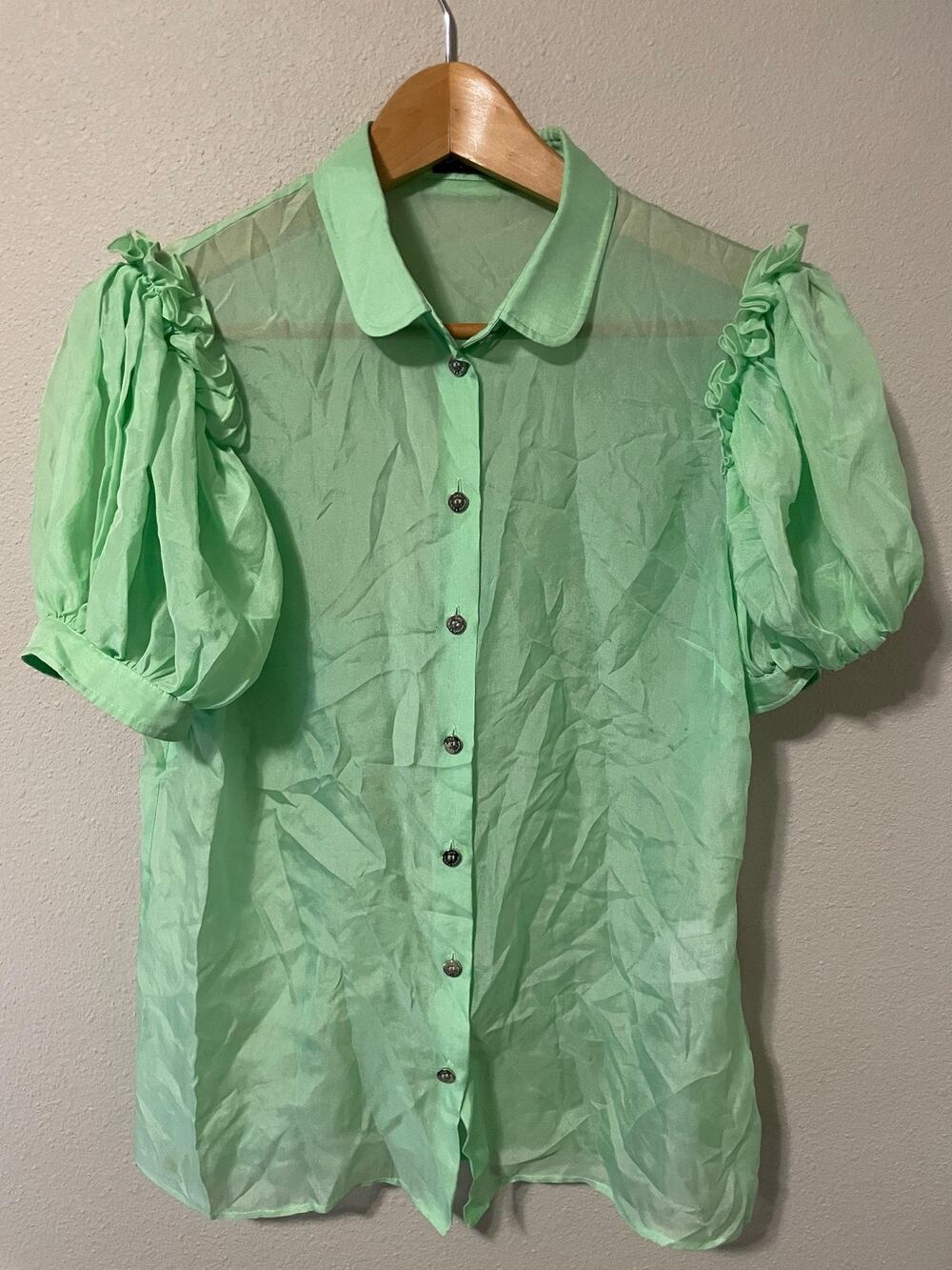 Dolce & Gabbana Blouse Womens IT 42 US Small Green Silk Sheer Button Up READ